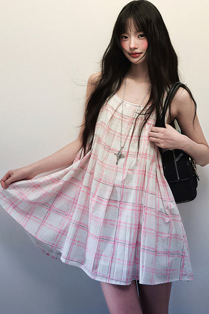 Pink Plaid Pleated Dress