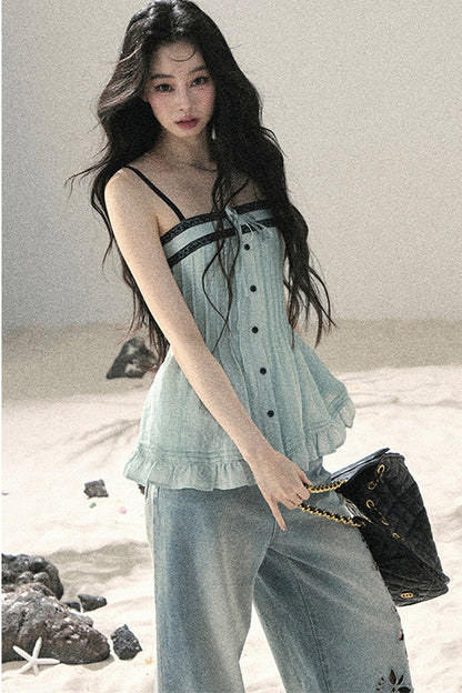 One-Shoulder Ruched Lace Camisole