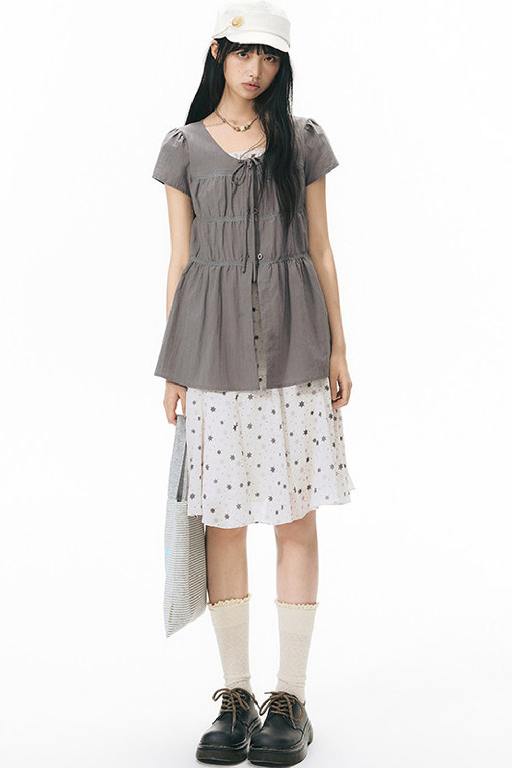 Star Print Layered-Look Short-Sleeve Shirt