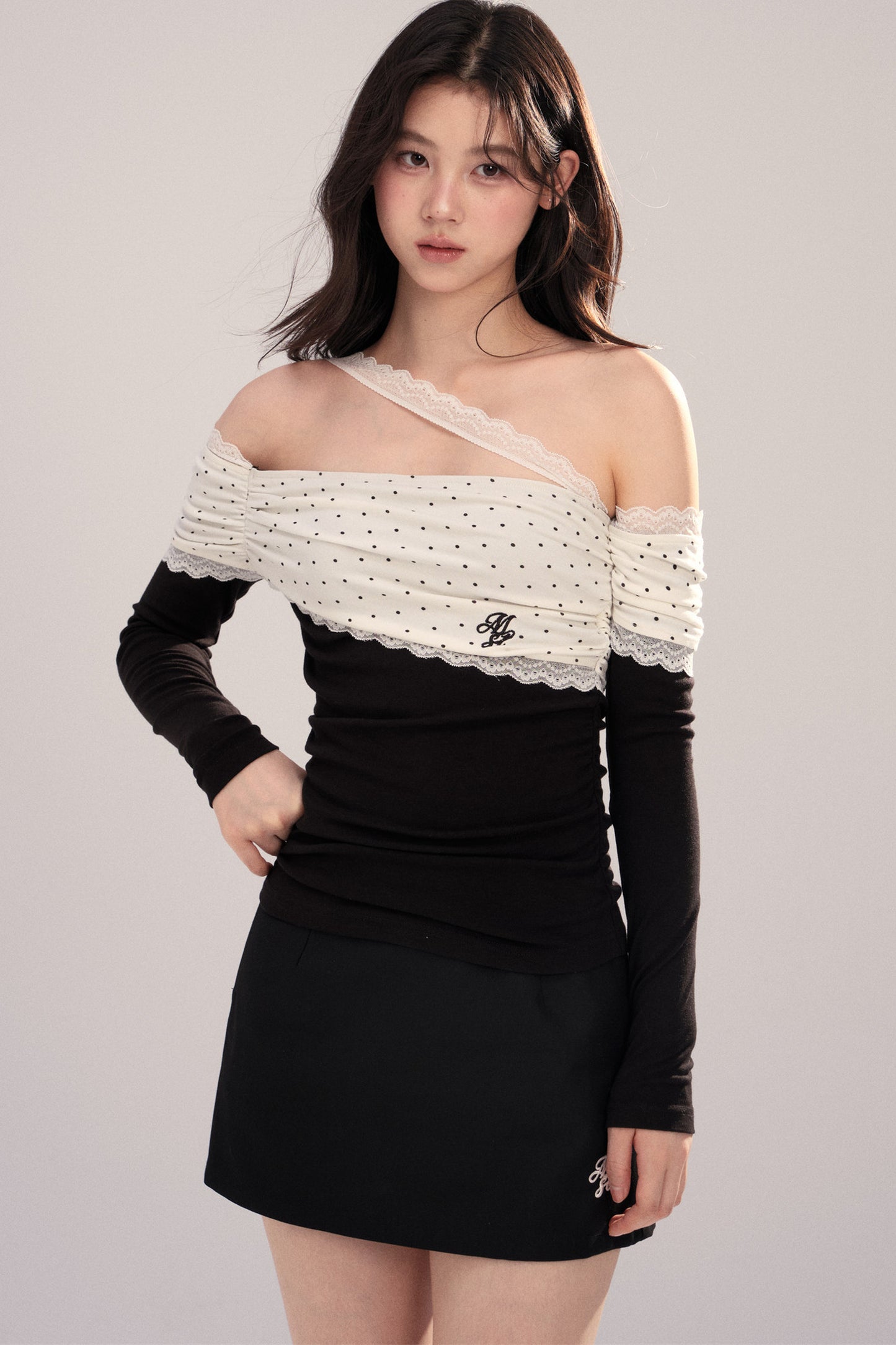 Polka Dot Spliced Lace Off-Shoulder T-Shirt