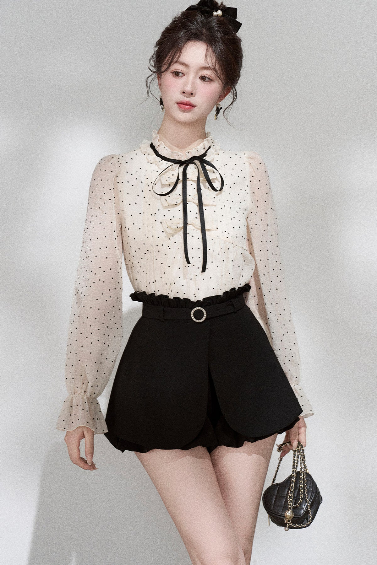 Polka Dot Chiffon Blouse and Skirt Set-Up