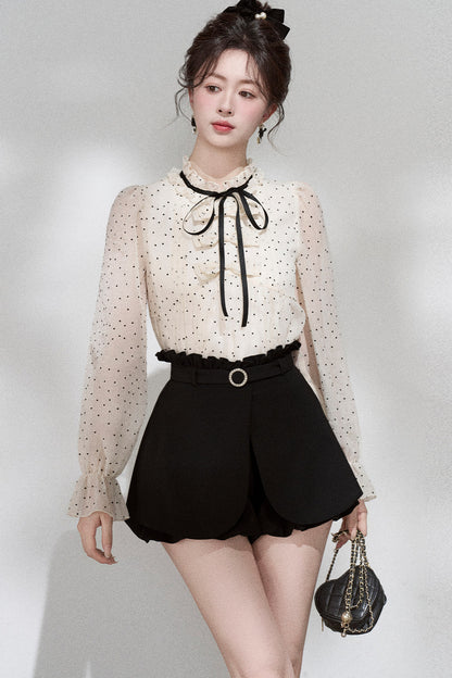 Polka Dot Chiffon Blouse and Skirt Set-Up
