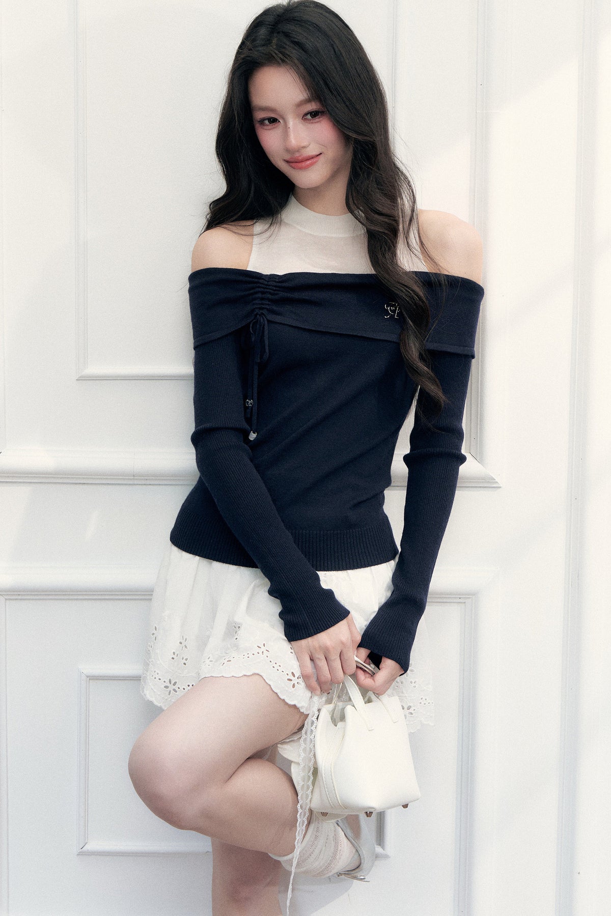 Off-Shoulder Contrasting Color Knit Top