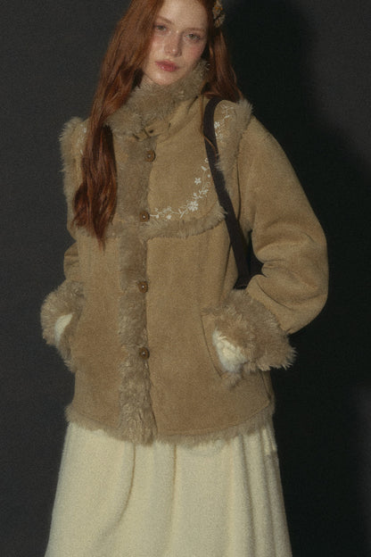 Embroidered Fur Collar Shearling Jacket