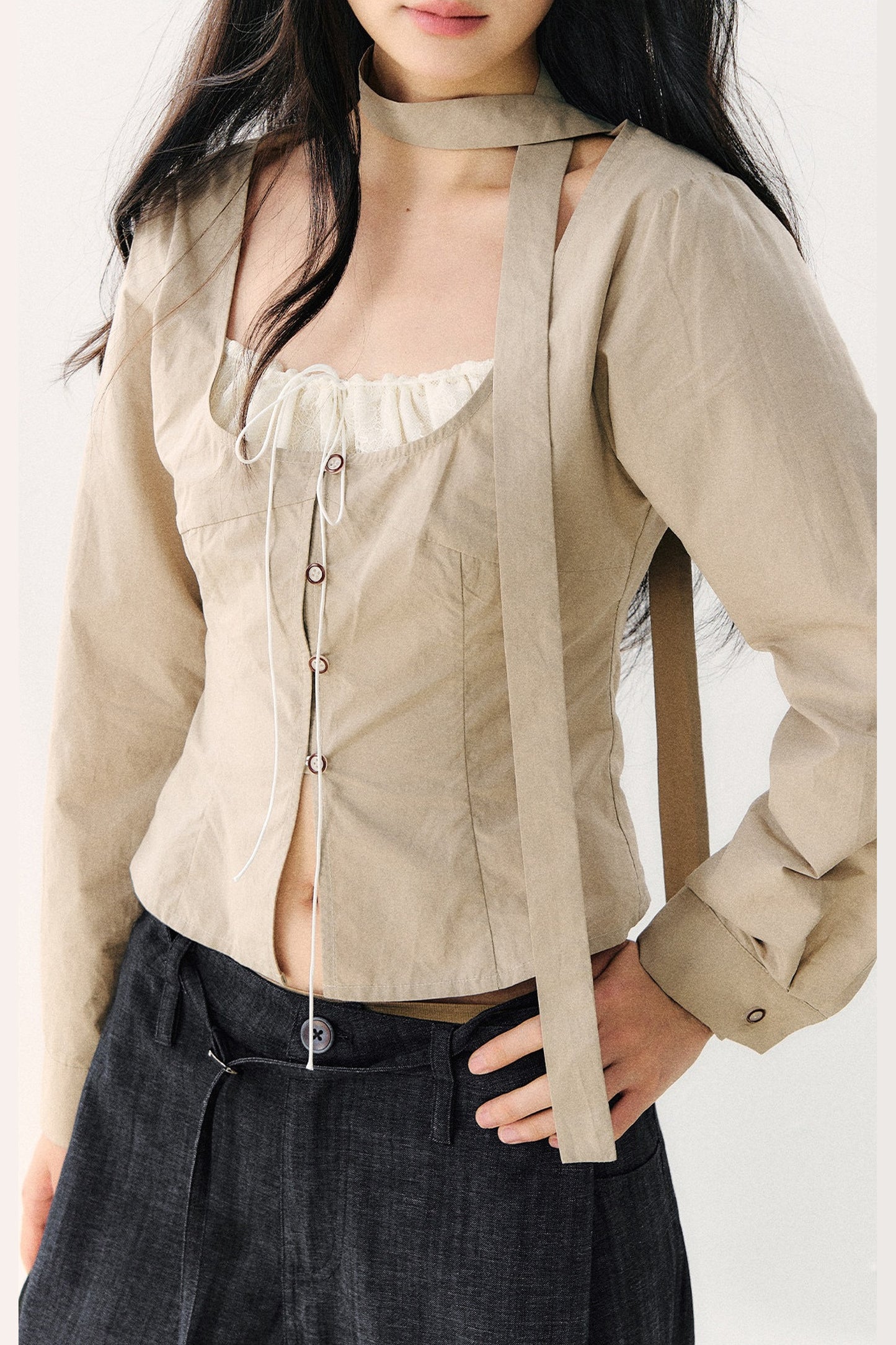 Halter Neck Ribbon Patchwork Long Sleeve Top
