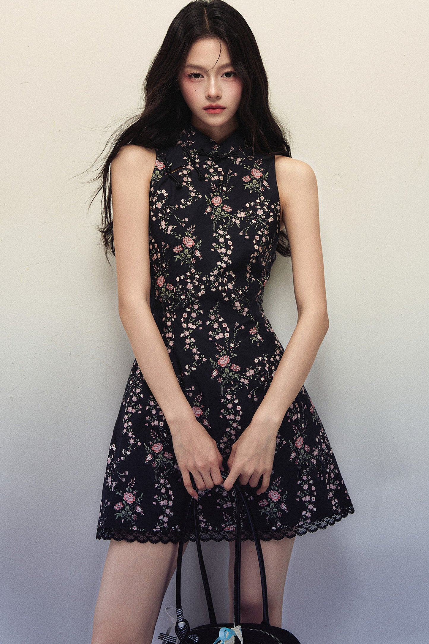 Floral Print Stand Collar Sleeveless Dress