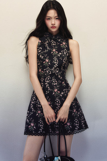 Floral Print Stand Collar Sleeveless Dress