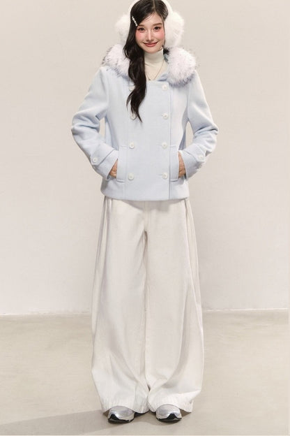 Double-Breasted Detachable Fur Collar Hooded Jacket