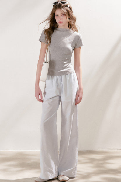 High-Waisted Linen Cotton Drawstring Wide-Leg Pants
