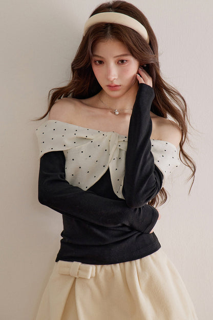 Polka Dot Bow Long-Sleeve Top