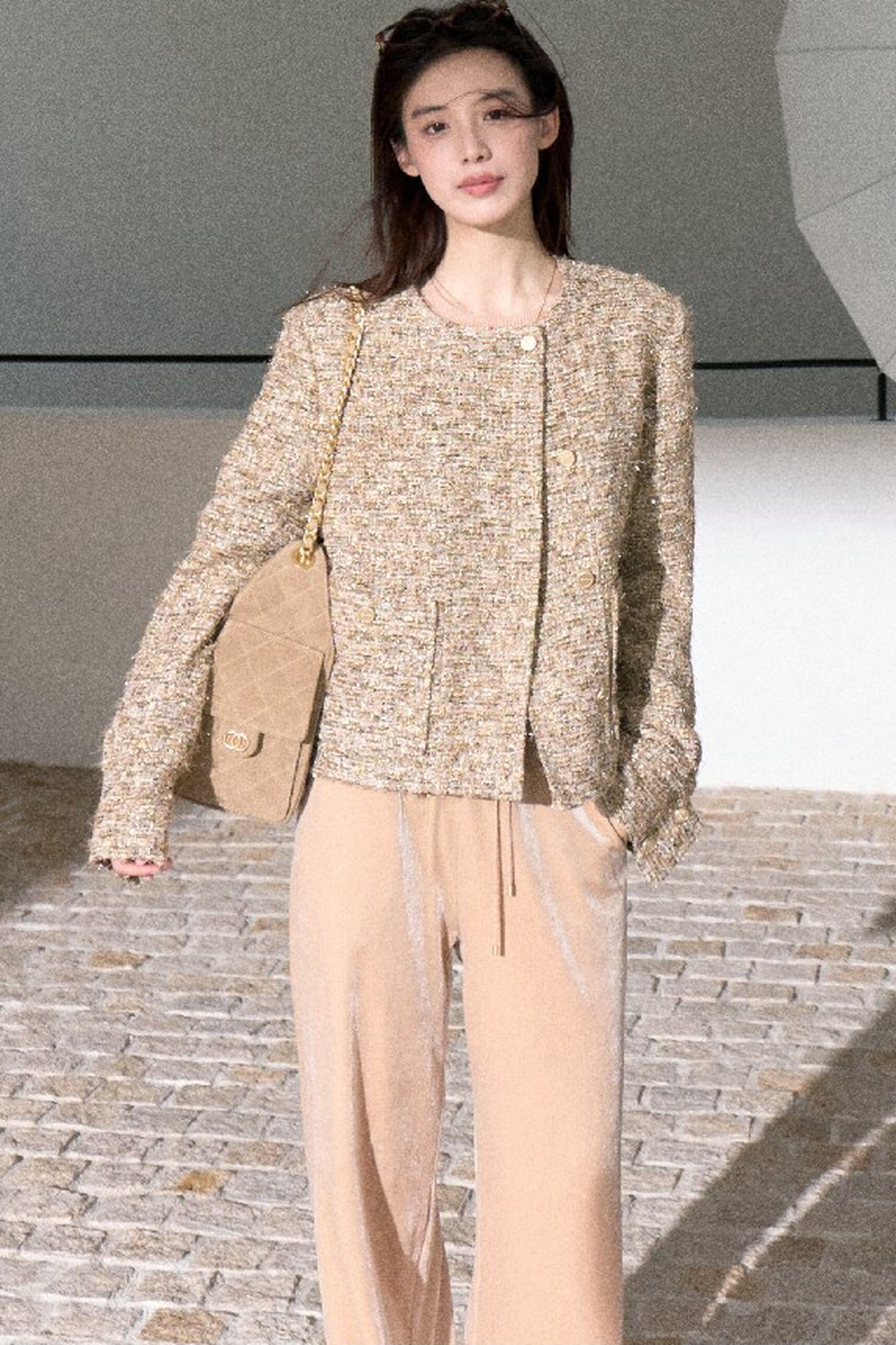 Lace Knit Long-Sleeve Top and Drape Velvet Straight-Leg Pants Set-Up