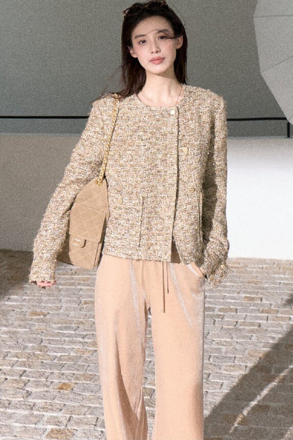 Lace Knit Long-Sleeve Top and Drape Velvet Straight-Leg Pants Set-Up