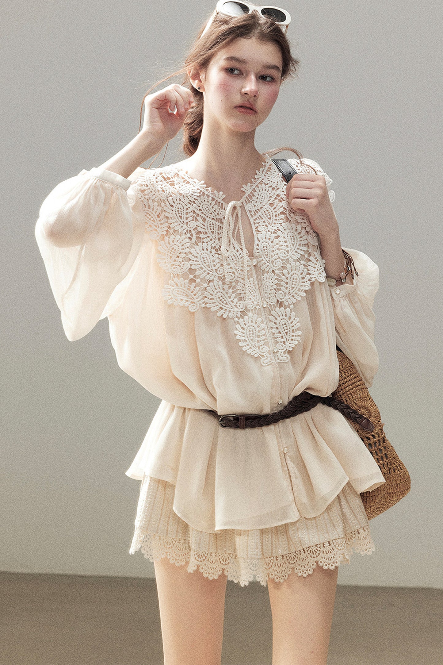 French Style Lace Trim Chiffon Top