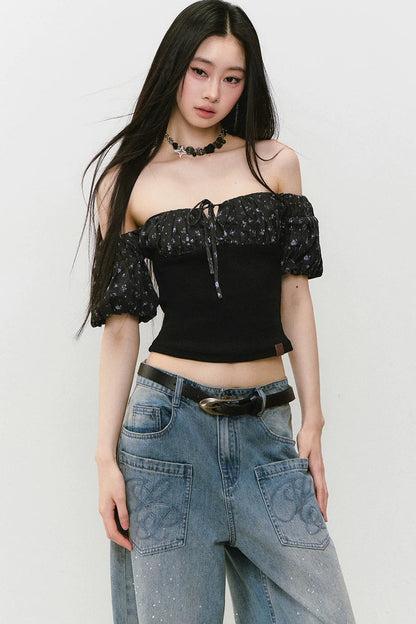 Off-Shoulder Floral Patchwork Top
