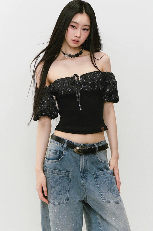 Off-Shoulder Floral Patchwork Top