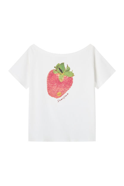 Strawberry Print One-Shoulder Blouse
