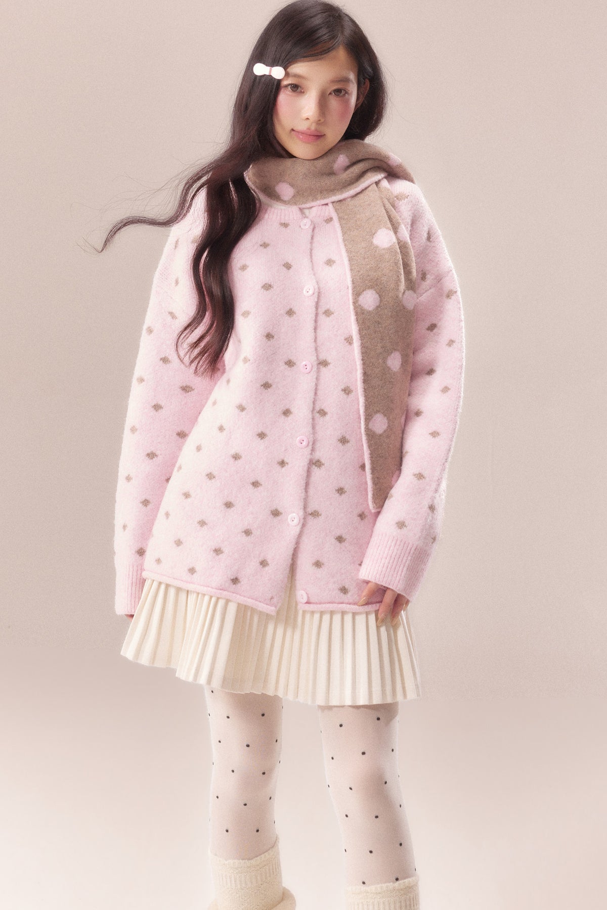 Polka Dot Scarf Knit Cardigan