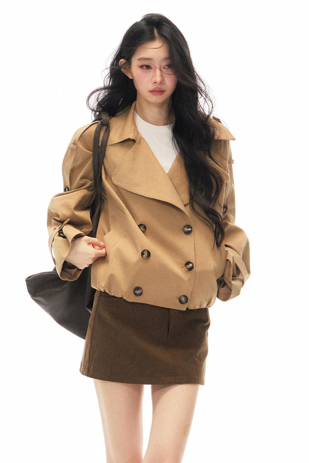 Khaki Double-Breasted Trench Coat and Skirt Set-Up