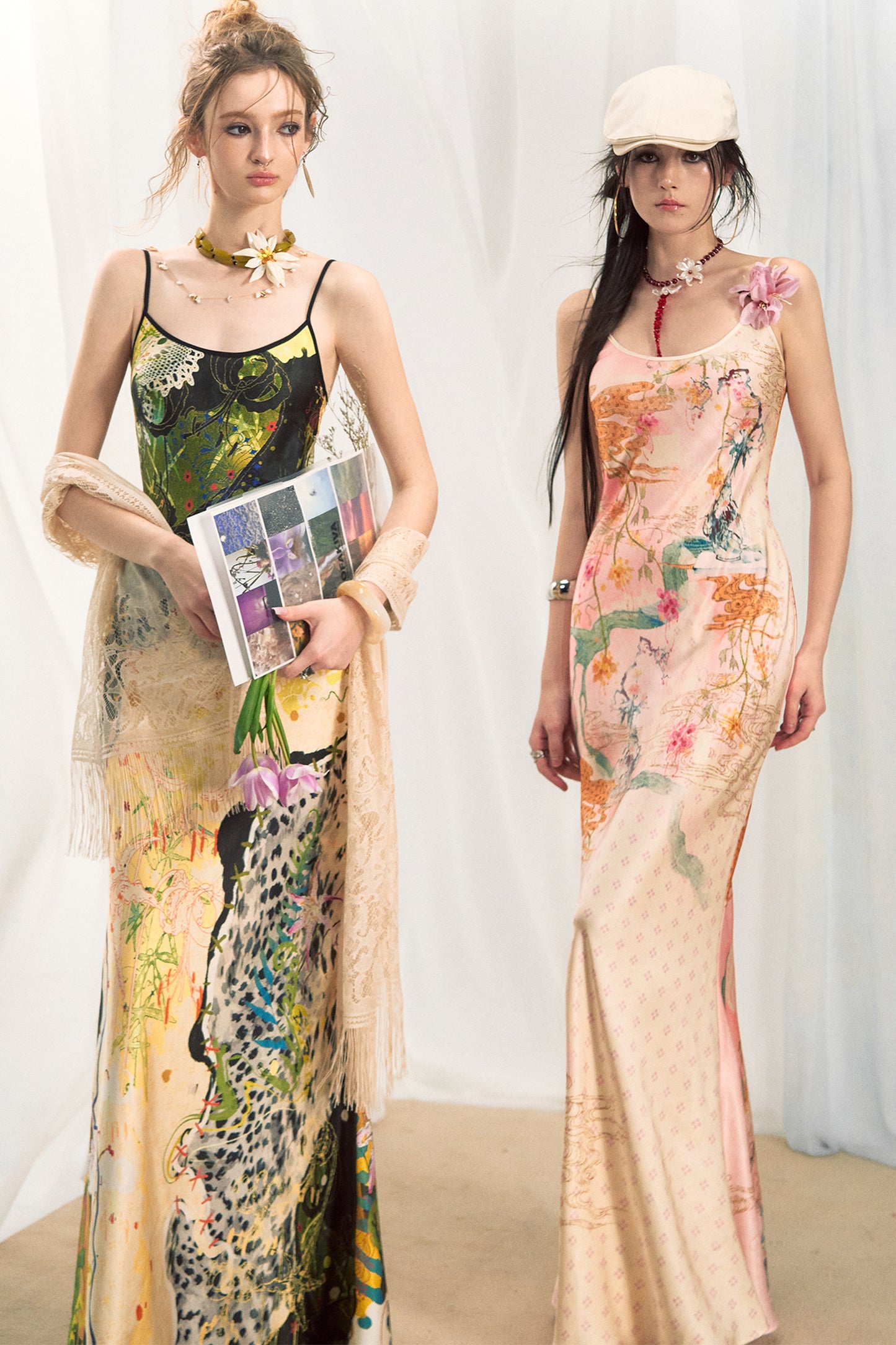Jungle Leopard Stitch Floral Print Slip Dress Set-Up
