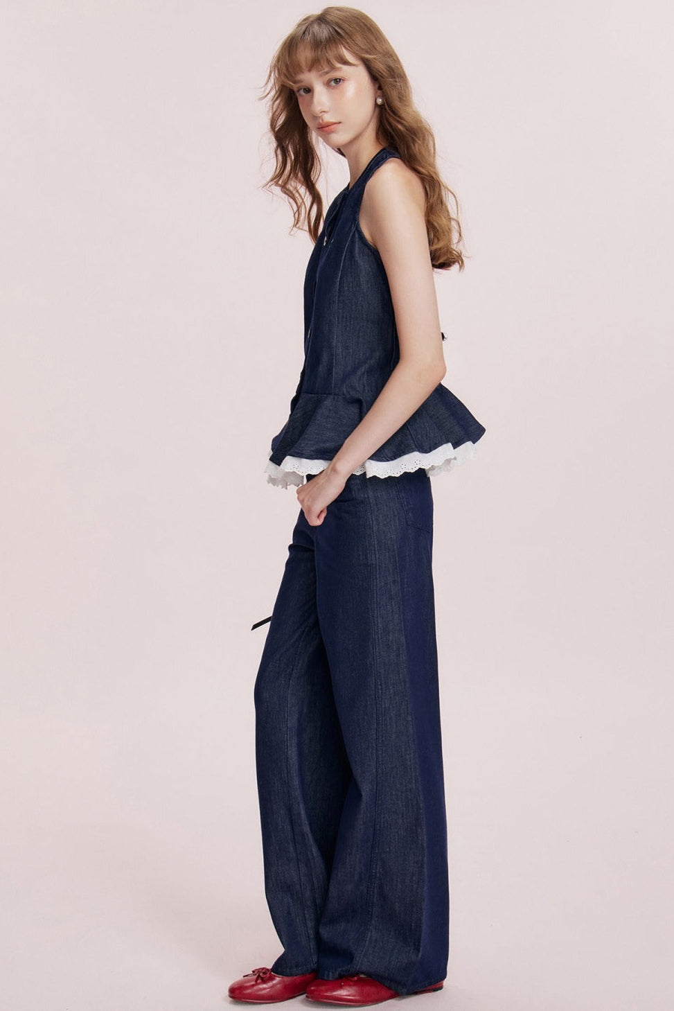 French Ruffle Denim Vest and Wide-Leg Pants Set-Up