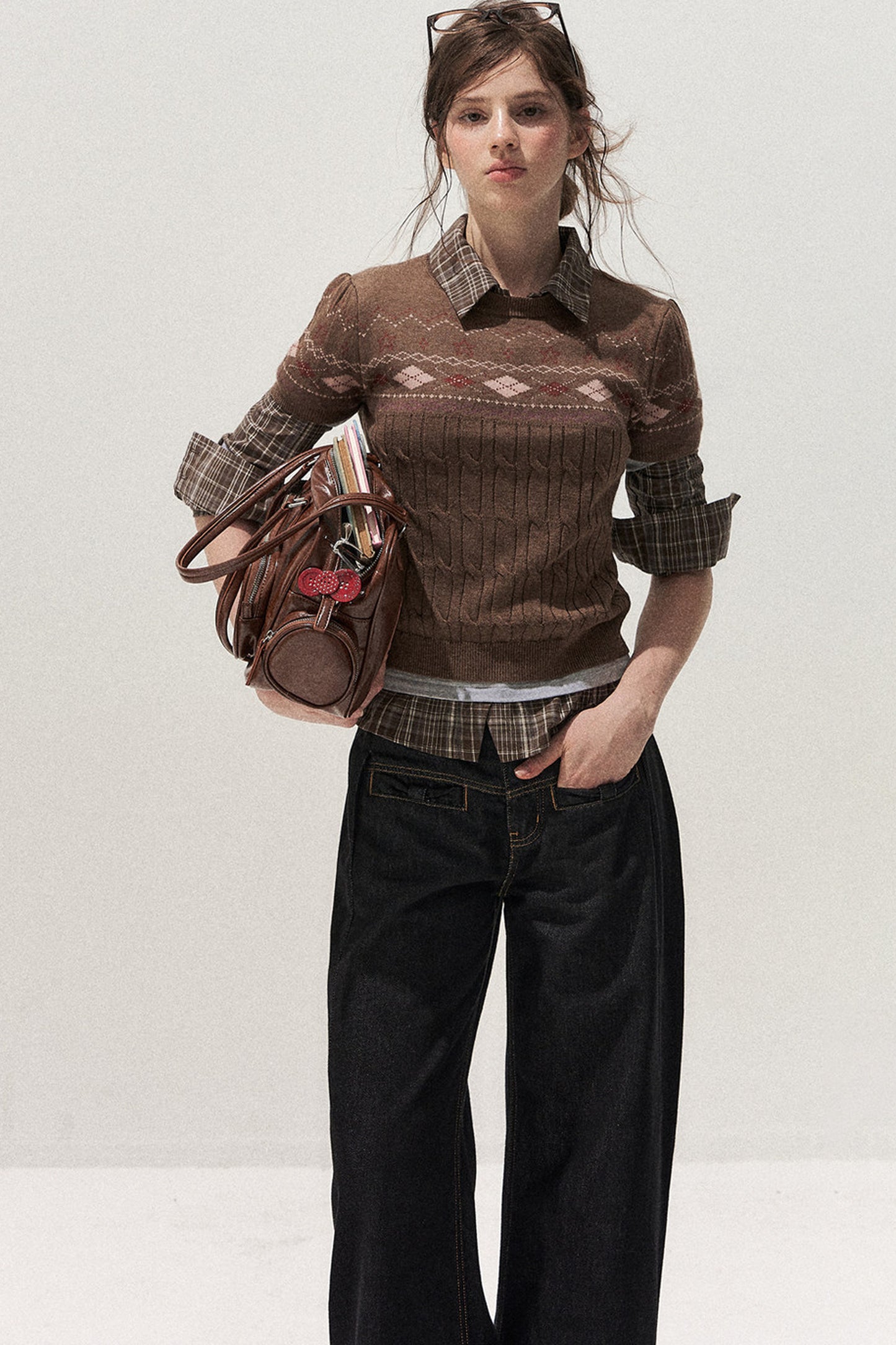 Retro Fair Isle Argyle Short-Sleeve Knit Sweater and Skirt Set-Up