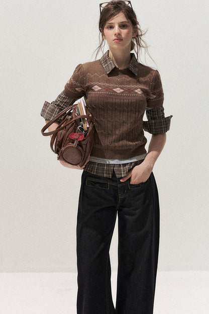 Retro Fair Isle Argyle Short-Sleeve Knit Sweater and Skirt Set-Up
