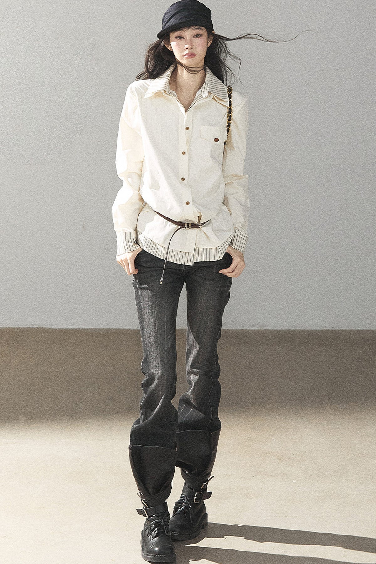 Creamy White Striped Layered-Look Shirt