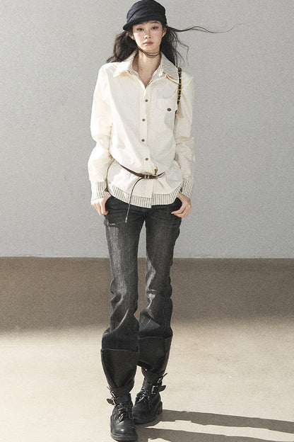 Creamy White Striped Layered-Look Shirt