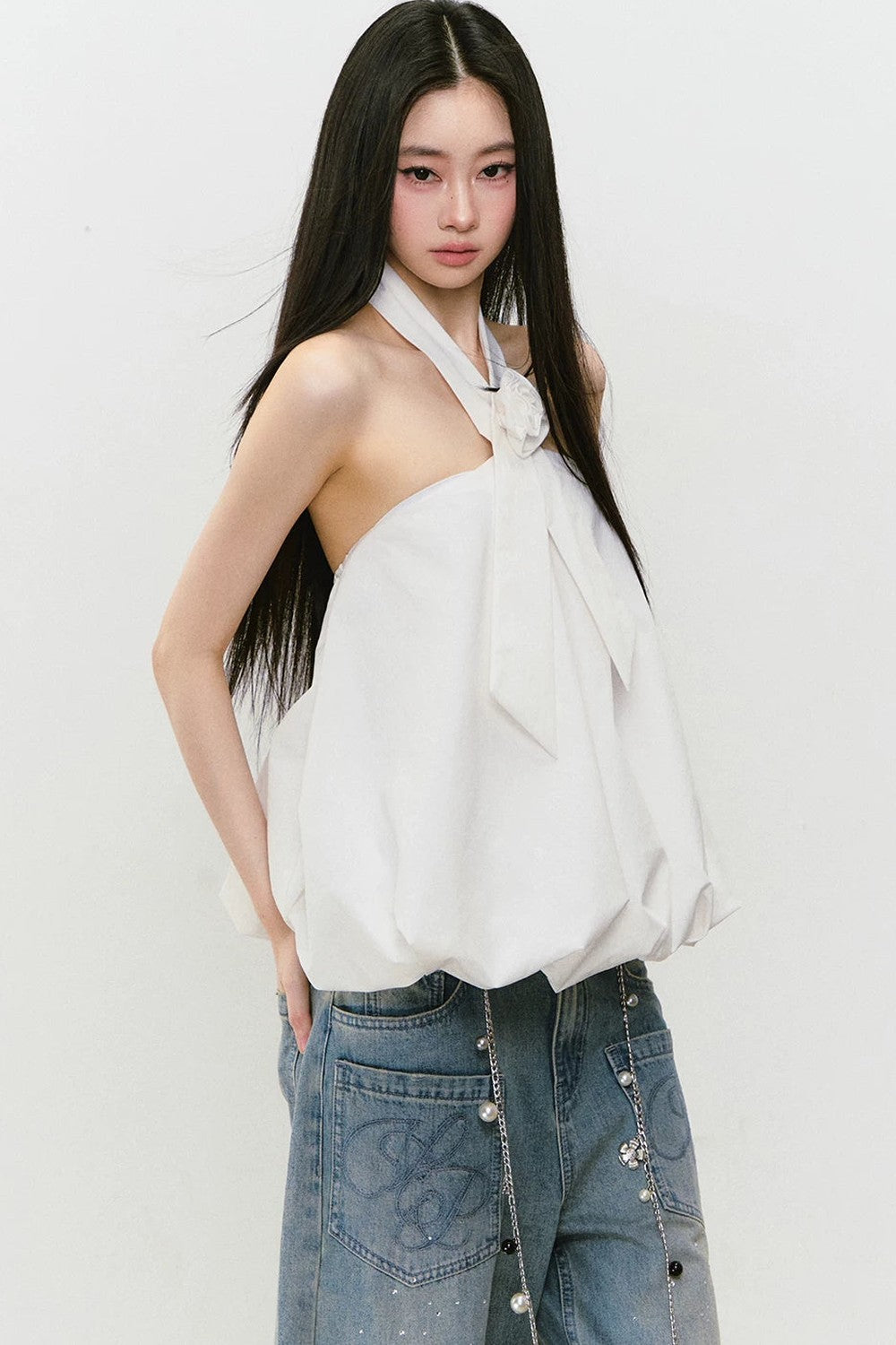 3D Rose Tie Fluffy Halter Top