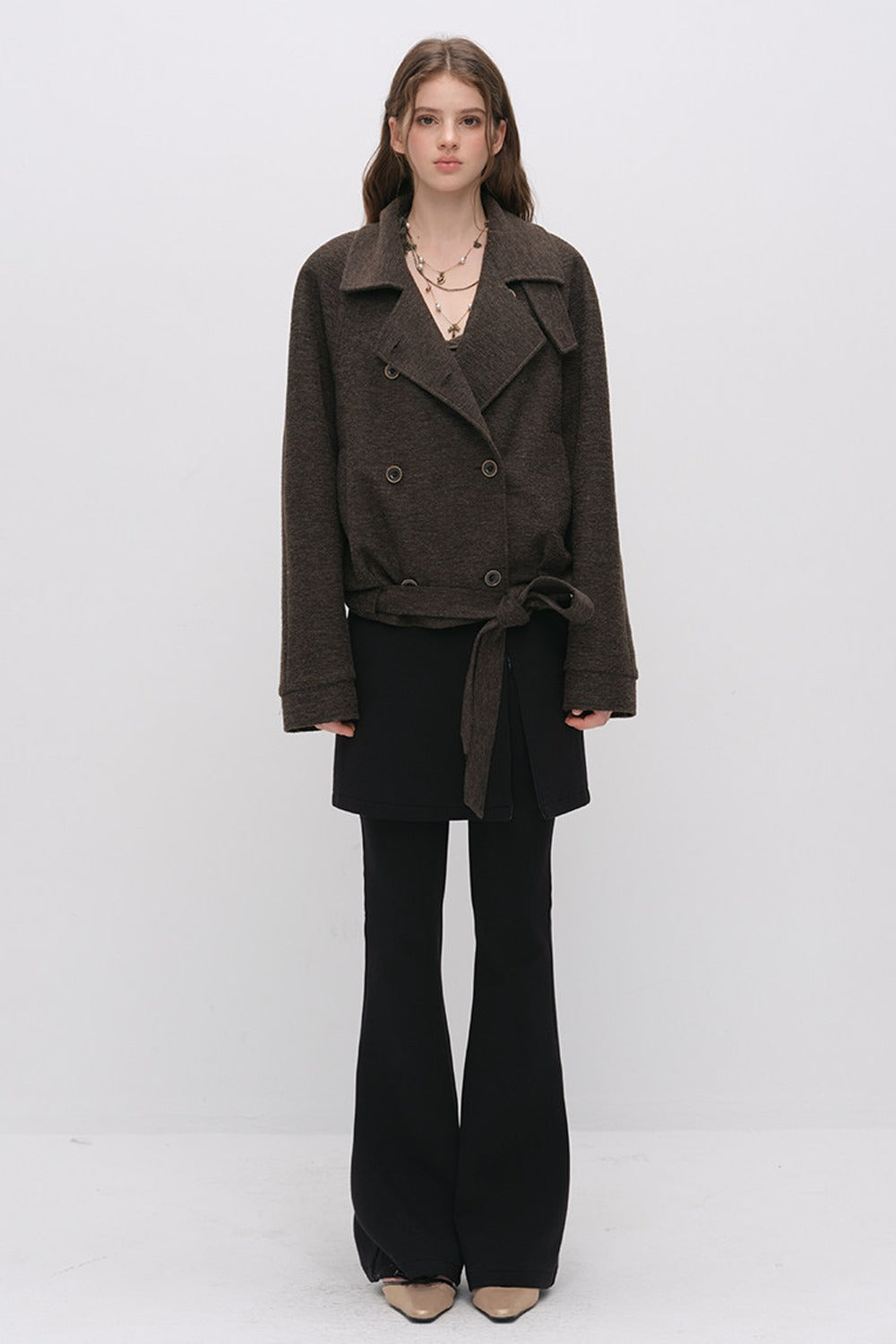 Layered-Look Slit Skirt-Style Flared Pants