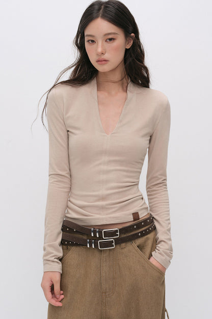 Deep V-Neck Ribbed Knit Top