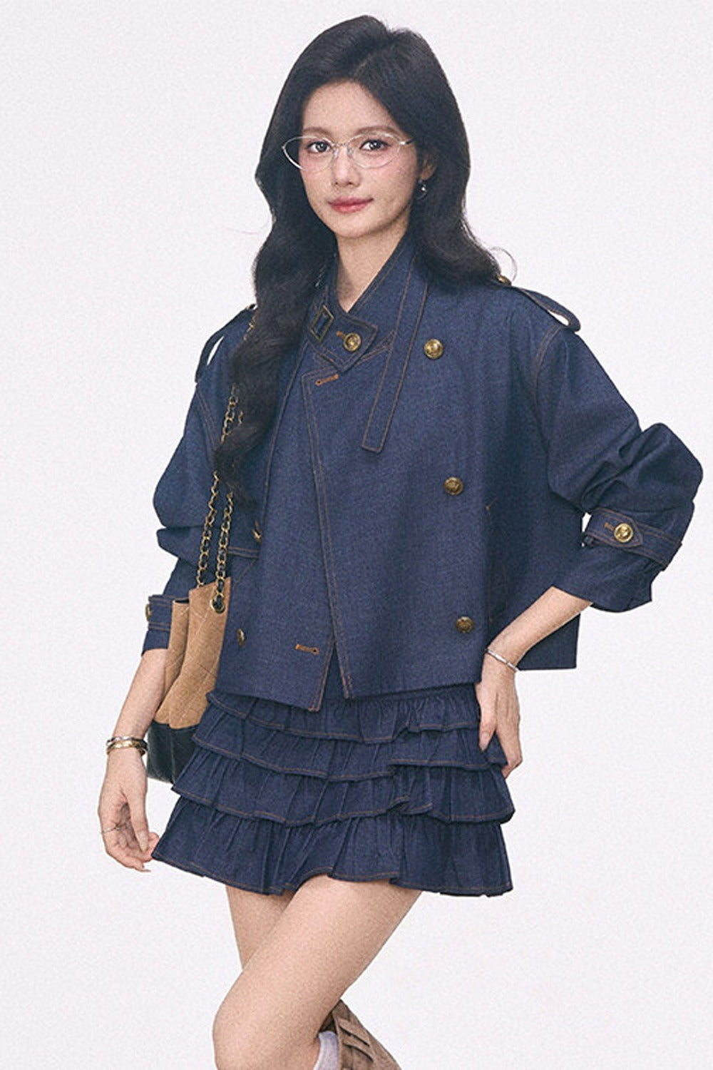 Imitation Denim Short Jacket and Cake Skirt Set