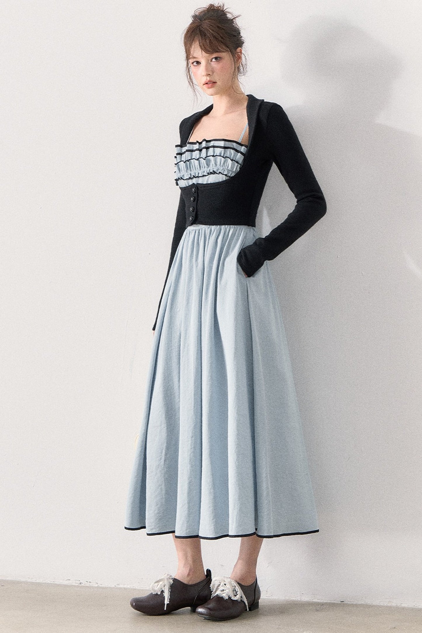 Slim Knit Cardigan and Ruffle Dress Set