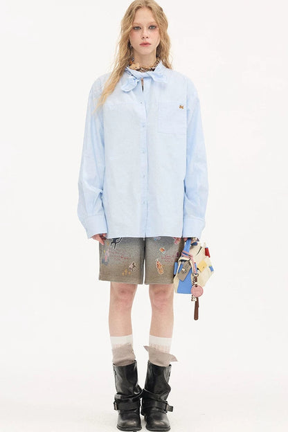 Camicia ricamata a maniche lunghe in stile preppy