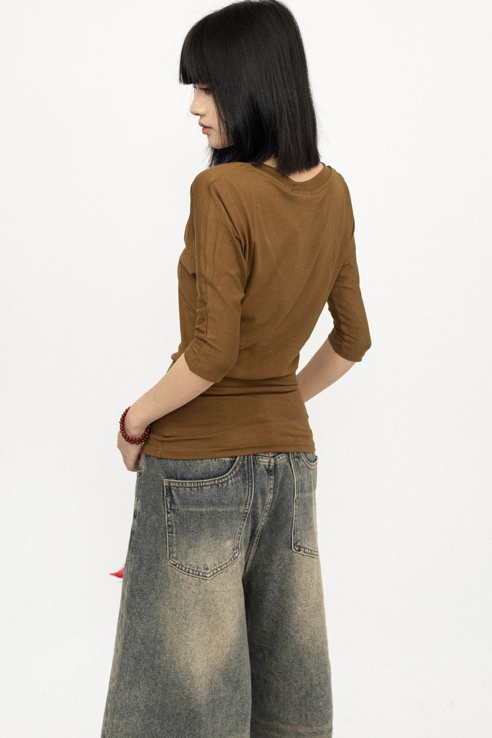 Brown V-Neck Sleeve Top
