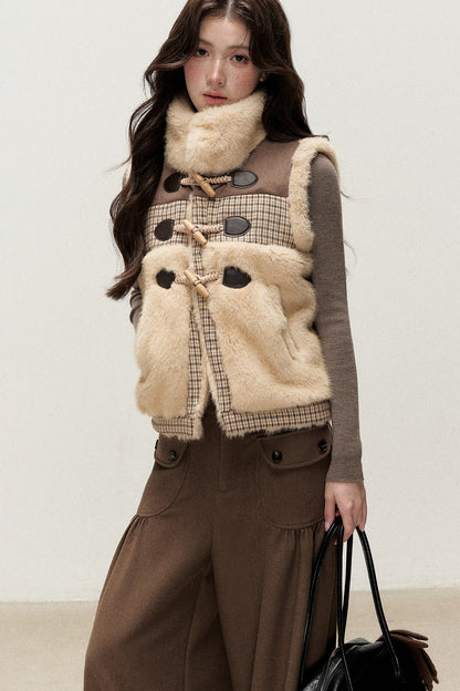 Retro Plaid Faux Fur Toggle Vest