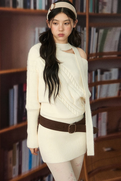 Halter Off-Shoulder Twist Knit Dress