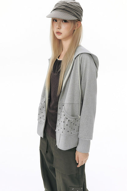 Distressed Floral Print Hooded Open Front Jacket