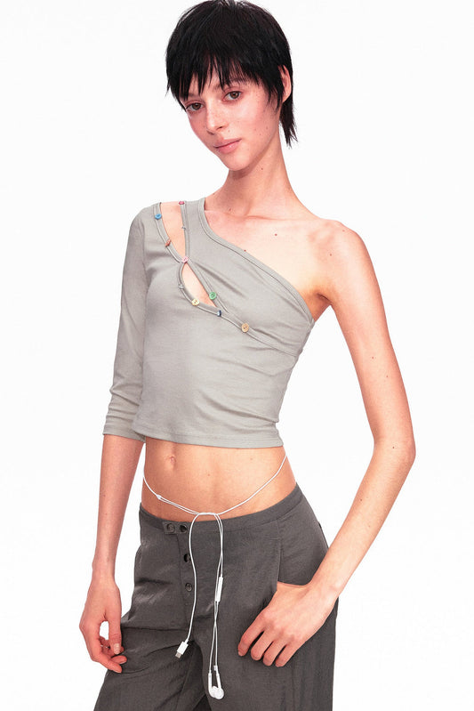 Asymmetrical Color-Button Off-Shoulder Top