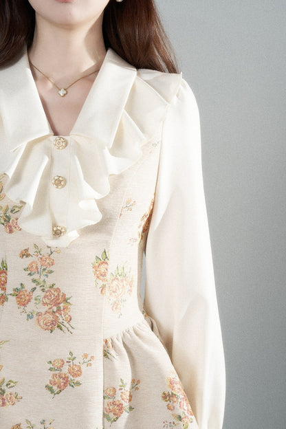 Floral Lantern Sleeve Ruffle Collar Dress