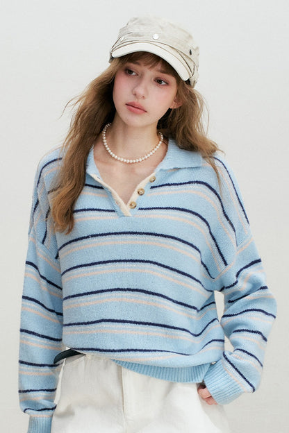 Striped Knit Pullover Polo Shirt