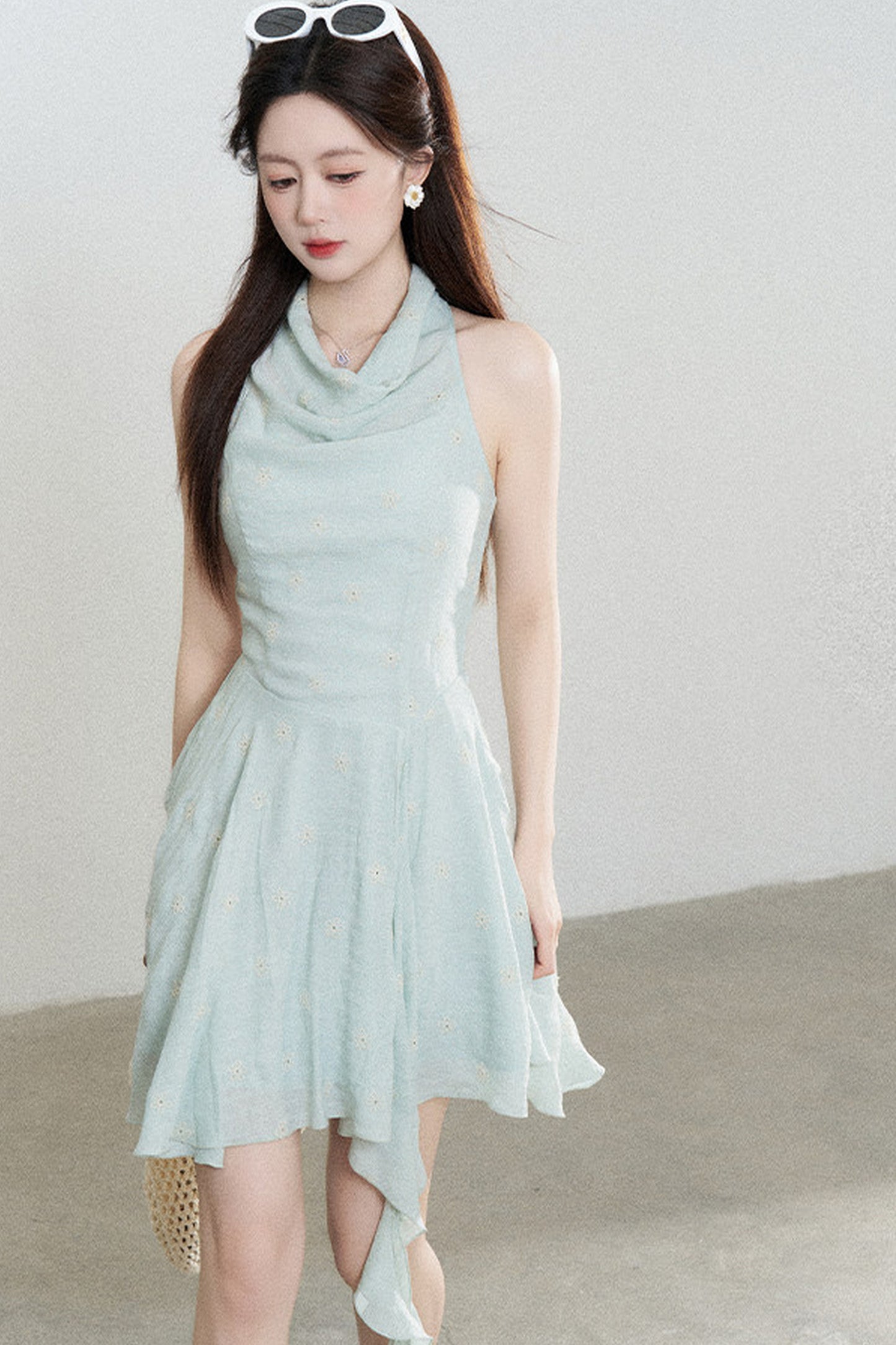 Halter Neck Sleeveless Irregular Hem Ruffle Dress