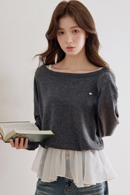 Wool Blend Mesh Patchwork Layered-Look Knit Top