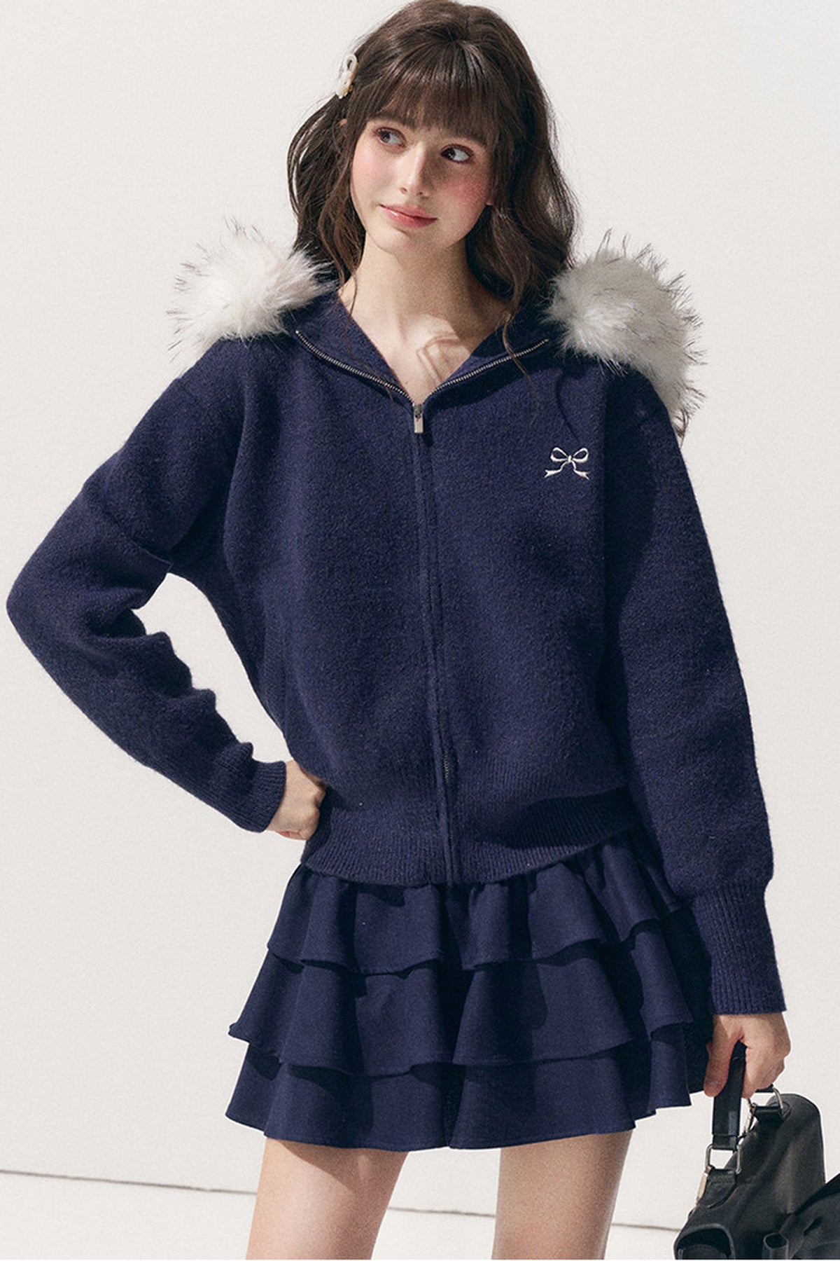 Embroidered Hooded Fur Collar Cardigan