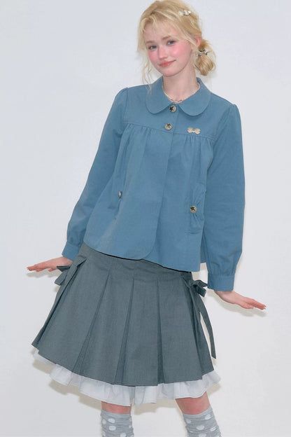 Camicia blu rétro con colletto alla Peter Pan