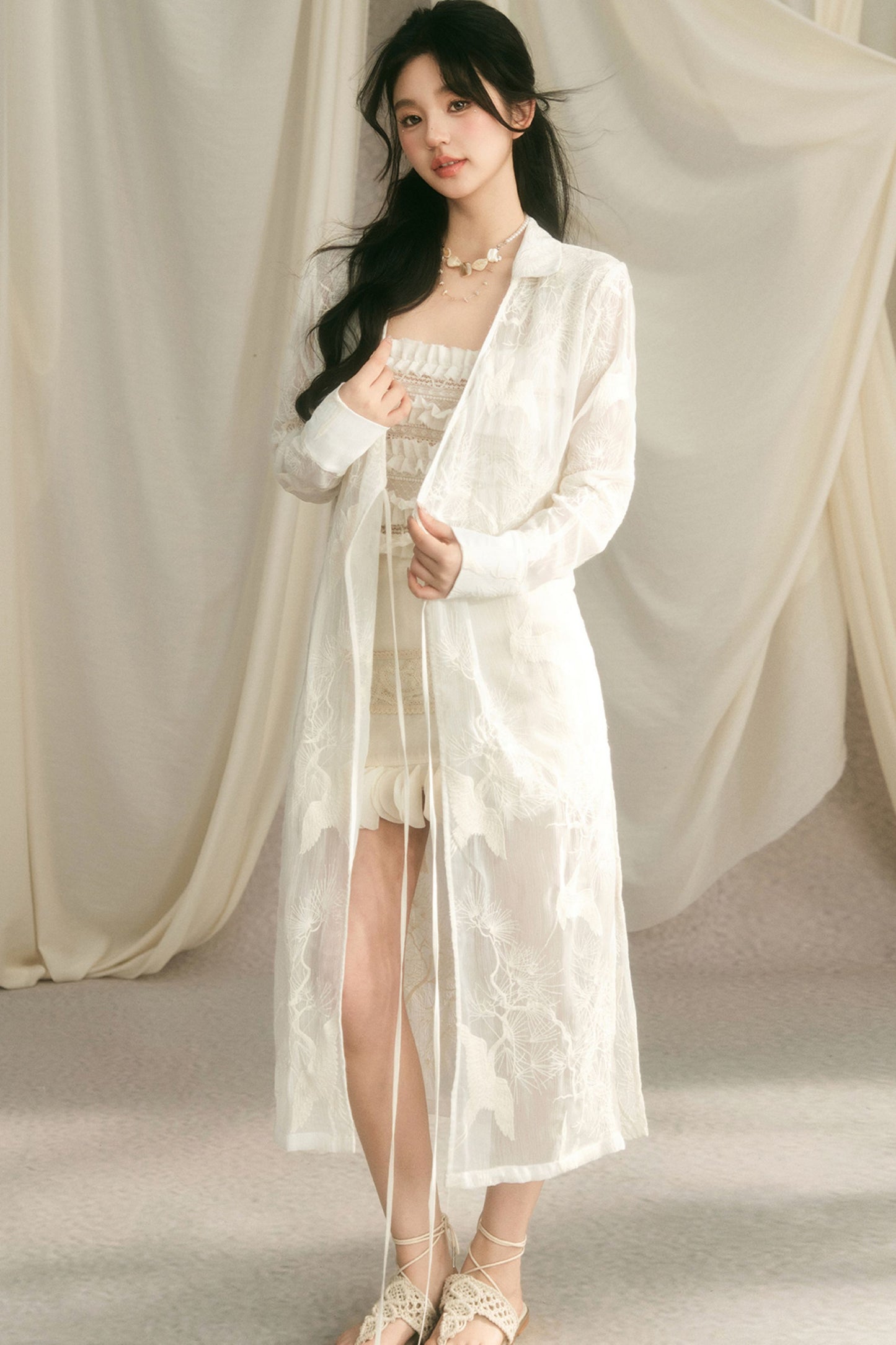 Crane Embroidery Waist-Tie Top