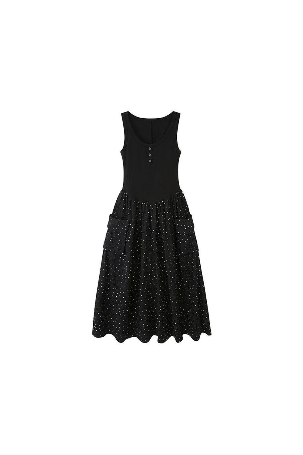 Vestido maxi evasé sin mangas de lunares