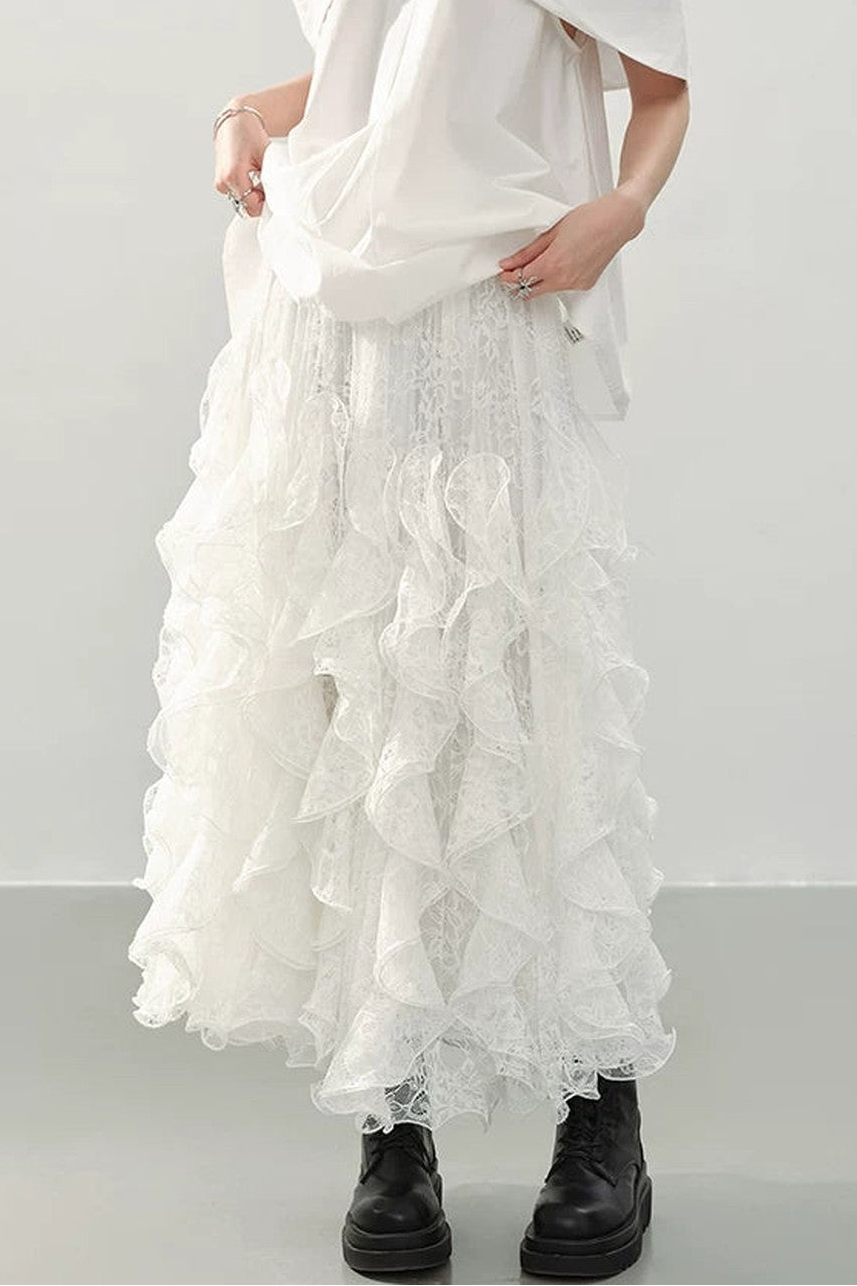 White Lace Ruffle Midi Skirt