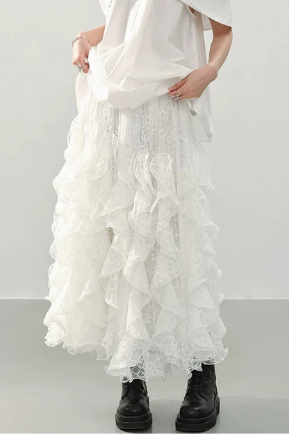 White Lace Ruffle Midi Skirt