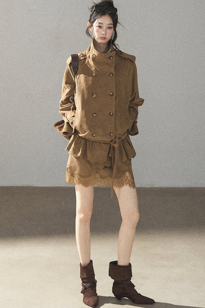 Double-Breasted Faux Suede Trench Coat and Skirt